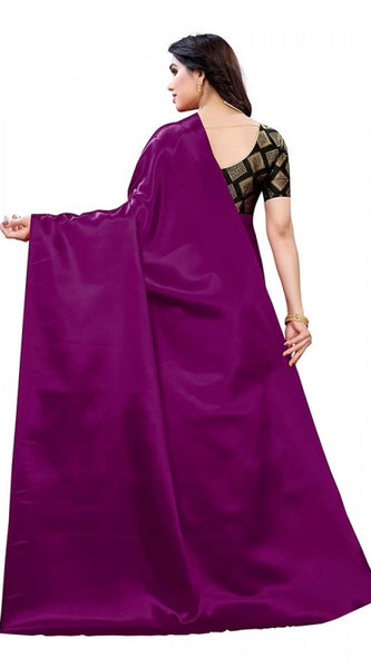 Mayawye Women's Satin Printed Saree With Unstitched Blouse 5.5Mtr (Purple)