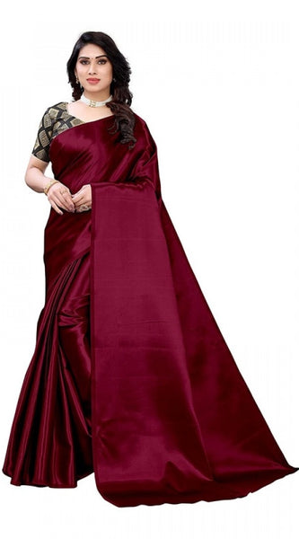 Mayawye Women's Satin Printed Saree With Unstitched Blouse 5.5Mtr (Maroon)