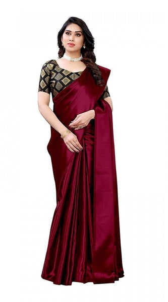 Mayawye Women's Satin Printed Saree With Unstitched Blouse 5.5Mtr (Maroon)