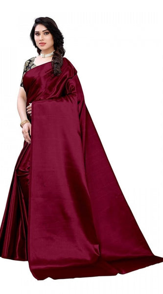 Mayawye Women's Satin Printed Saree With Unstitched Blouse 5.5Mtr (Maroon)