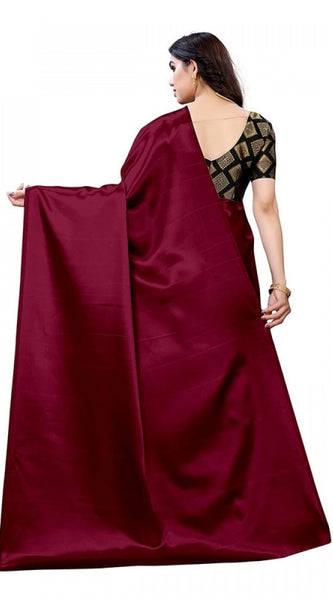 Mayawye Women's Satin Printed Saree With Unstitched Blouse 5.5Mtr (Maroon)
