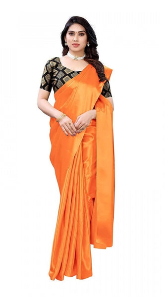 Mayawye Women's Satin Printed Saree With Unstitched Blouse 5.5Mtr (Mustard)