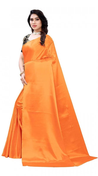 Mayawye Women's Satin Printed Saree With Unstitched Blouse 5.5Mtr (Mustard)