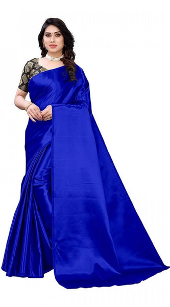 Mayawye Women's Satin Printed Saree With Unstitched Blouse 5.5Mtr (Royal Blue)