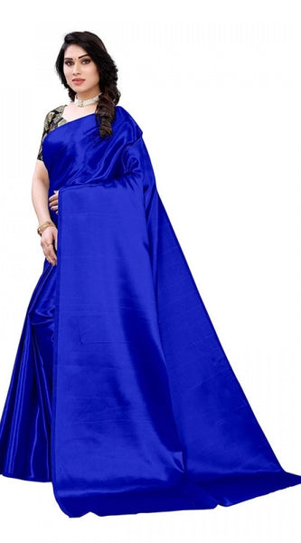 Mayawye Women's Satin Printed Saree With Unstitched Blouse 5.5Mtr (Royal Blue)