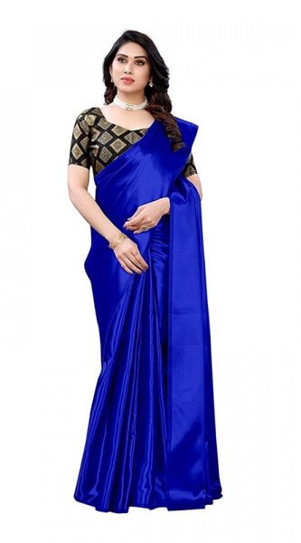 Mayawye Women's Satin Printed Saree With Unstitched Blouse 5.5Mtr (Royal Blue)