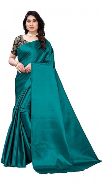 Mayawye Women's Satin Printed Saree With Unstitched Blouse 5.5Mtr (Teal)