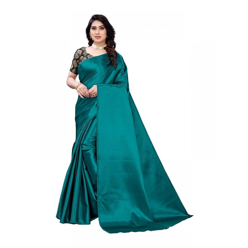 Mayawye Women's Satin Printed Saree With Unstitched Blouse 5.5Mtr (Teal)