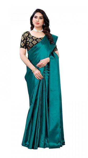 Mayawye Women's Satin Printed Saree With Unstitched Blouse 5.5Mtr (Teal)