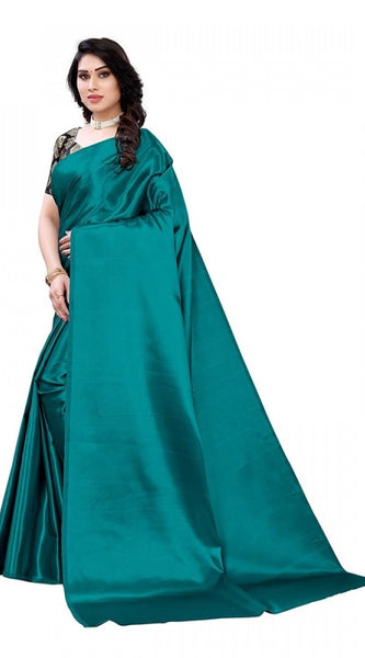 Mayawye Women's Satin Printed Saree With Unstitched Blouse 5.5Mtr (Teal)