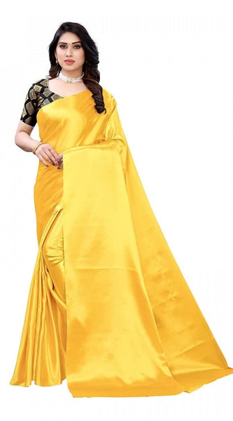 Mayawye Women's Satin Printed Saree With Unstitched Blouse 5.5Mtr (Yellow)