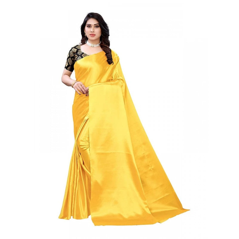Mayawye Women's Satin Printed Saree With Unstitched Blouse 5.5Mtr (Yellow)