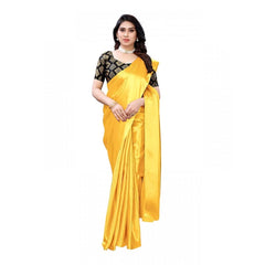 Mayawye Women's Satin Printed Saree With Unstitched Blouse 5.5Mtr (Yellow)