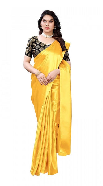 Mayawye Women's Satin Printed Saree With Unstitched Blouse 5.5Mtr (Yellow)