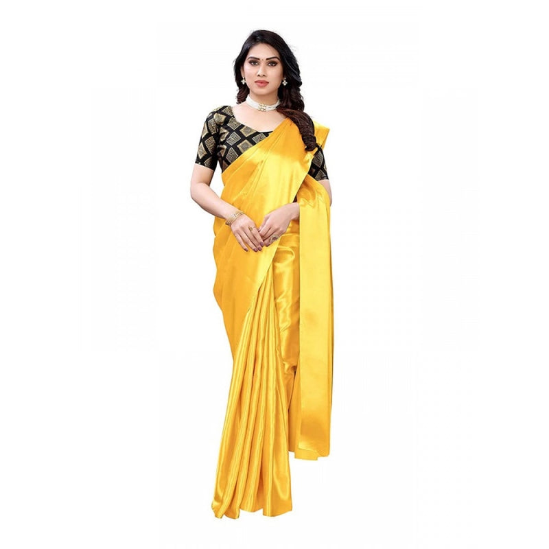 Mayawye Women's Satin Printed Saree With Unstitched Blouse 5.5Mtr (Yellow)