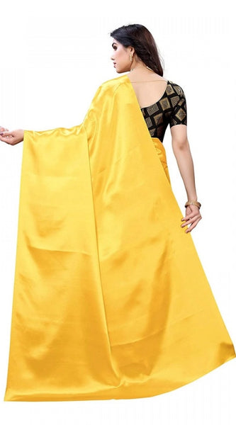 Mayawye Women's Satin Printed Saree With Unstitched Blouse 5.5Mtr (Yellow)