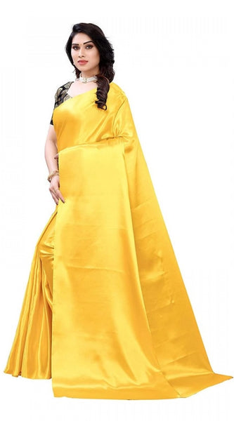 Mayawye Women's Satin Printed Saree With Unstitched Blouse 5.5Mtr (Yellow)