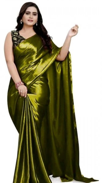Mayawye Women's Satin Solid Saree With Unstitched Blouse 5.5Mtr (Green)