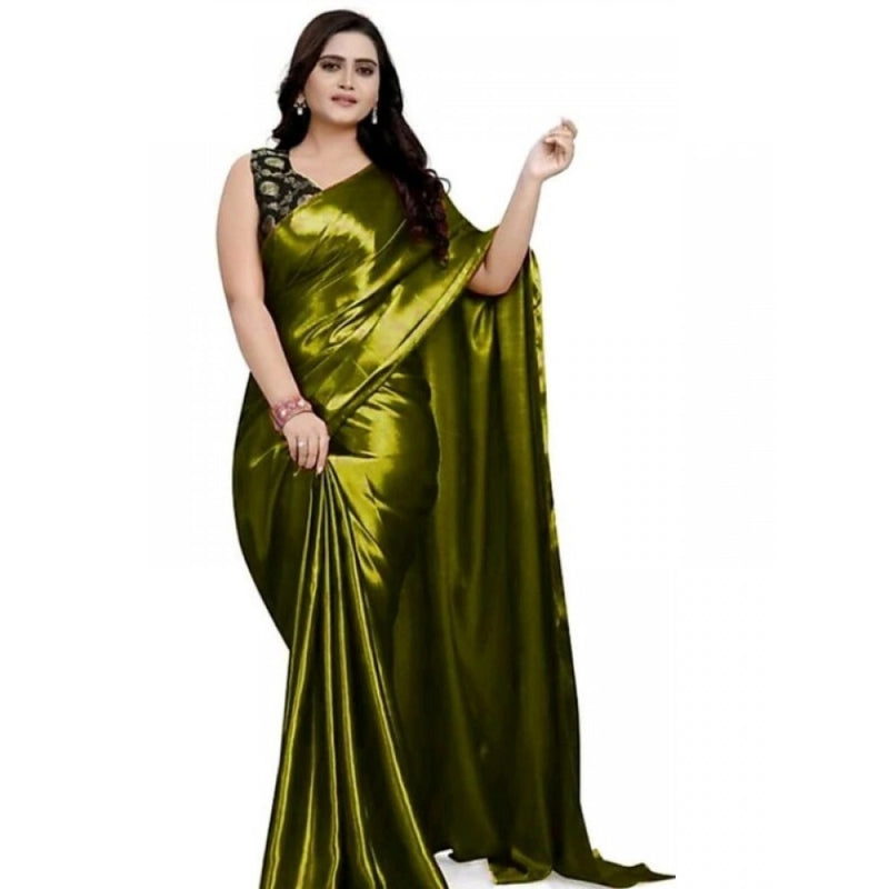 Mayawye Women's Satin Solid Saree With Unstitched Blouse 5.5Mtr (Green)