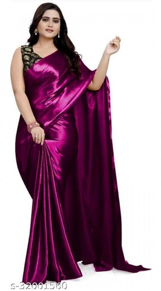 Mayawye Women's Satin Solid Saree With Unstitched Blouse 5.5Mtr (Purple)