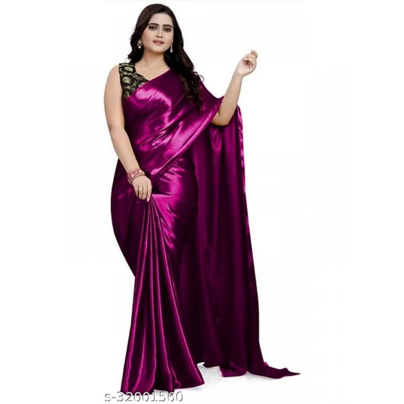 Mayawye Women's Satin Solid Saree With Unstitched Blouse 5.5Mtr (Purple)