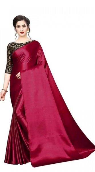 Mayawye Women's Satin Solid Saree With Unstitched Blouse 5.5Mtr (Maroon)