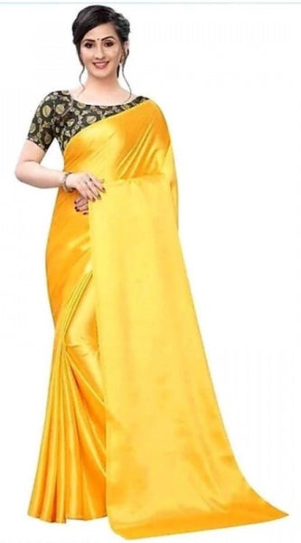 Mayawye Women's Satin Solid Saree With Unstitched Blouse 5.5Mtr (Yellow)