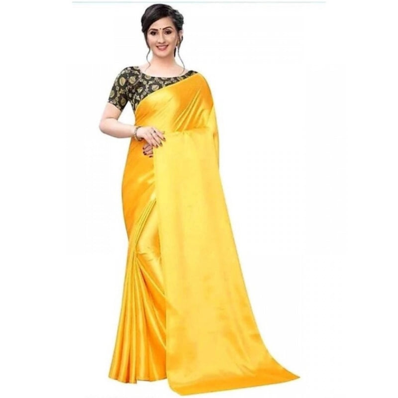 Mayawye Women's Satin Solid Saree With Unstitched Blouse 5.5Mtr (Yellow)