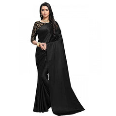 Mayawye Women's Satin Solid Saree With Unstitched Blouse 5.5Mtr (Black)