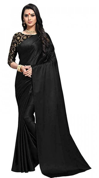 Mayawye Women's Satin Solid Saree With Unstitched Blouse 5.5Mtr (Black)