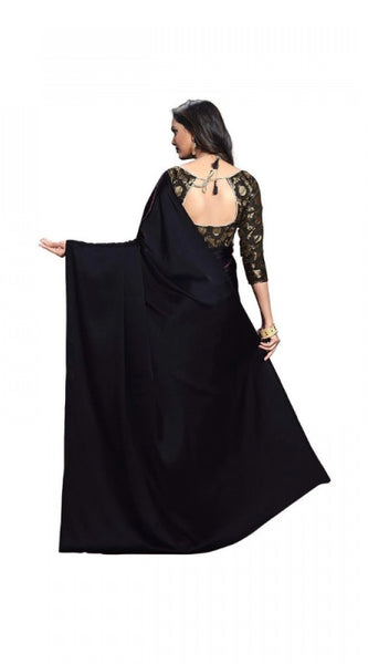 Mayawye Women's Satin Solid Saree With Unstitched Blouse 5.5Mtr (Black)