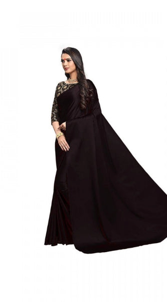 Mayawye Women's Satin Solid Saree With Unstitched Blouse 5.5Mtr (Black)