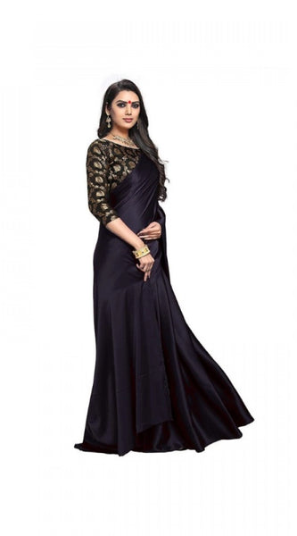 Mayawye Women's Satin Solid Saree With Unstitched Blouse 5.5Mtr (Black)