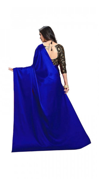Mayawye Women's Satin Solid Saree With Unstitched Blouse 5.5Mtr (Blue)