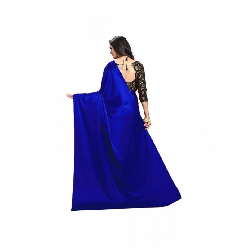 Mayawye Women's Satin Solid Saree With Unstitched Blouse 5.5Mtr (Blue)