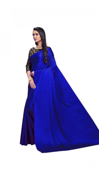 Mayawye Women's Satin Solid Saree With Unstitched Blouse 5.5Mtr (Blue)