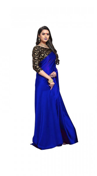 Mayawye Women's Satin Solid Saree With Unstitched Blouse 5.5Mtr (Blue)