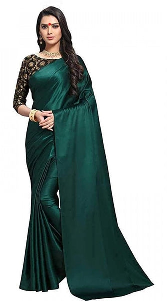 Mayawye Women's Satin Solid Saree With Unstitched Blouse 5.5Mtr (Green)