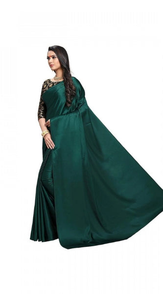 Mayawye Women's Satin Solid Saree With Unstitched Blouse 5.5Mtr (Green)
