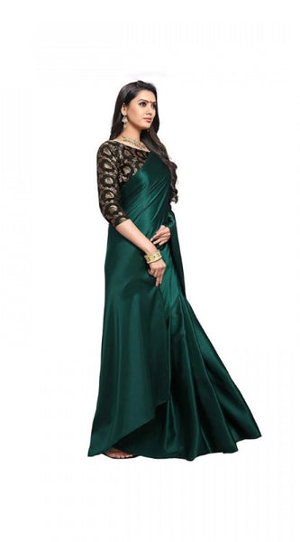 Mayawye Women's Satin Solid Saree With Unstitched Blouse 5.5Mtr (Green)
