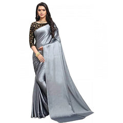 Mayawye Women's Satin Solid Saree With Unstitched Blouse 5.5Mtr (Grey)