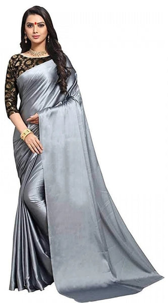 Mayawye Women's Satin Solid Saree With Unstitched Blouse 5.5Mtr (Grey)
