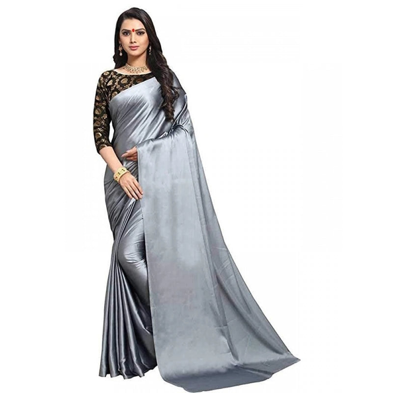 Mayawye Women's Satin Solid Saree With Unstitched Blouse 5.5Mtr (Grey)