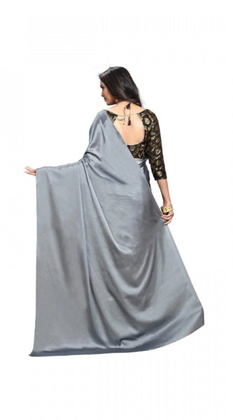 Mayawye Women's Satin Solid Saree With Unstitched Blouse 5.5Mtr (Grey)