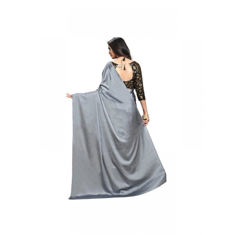Mayawye Women's Satin Solid Saree With Unstitched Blouse 5.5Mtr (Grey)