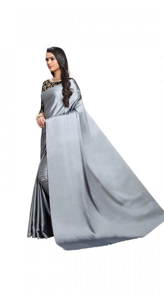 Mayawye Women's Satin Solid Saree With Unstitched Blouse 5.5Mtr (Grey)