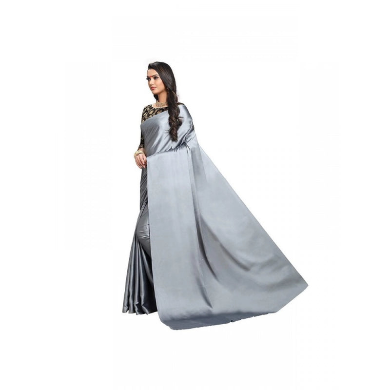 Mayawye Women's Satin Solid Saree With Unstitched Blouse 5.5Mtr (Grey)