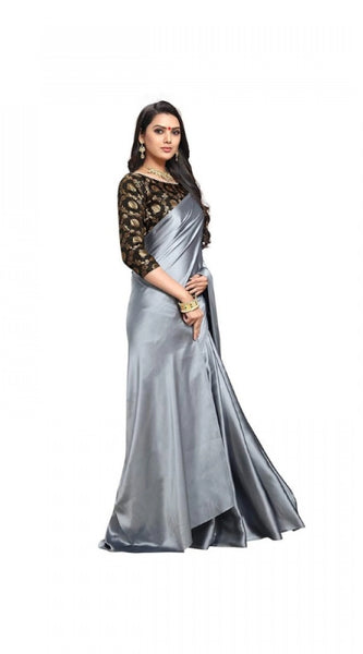 Mayawye Women's Satin Solid Saree With Unstitched Blouse 5.5Mtr (Grey)