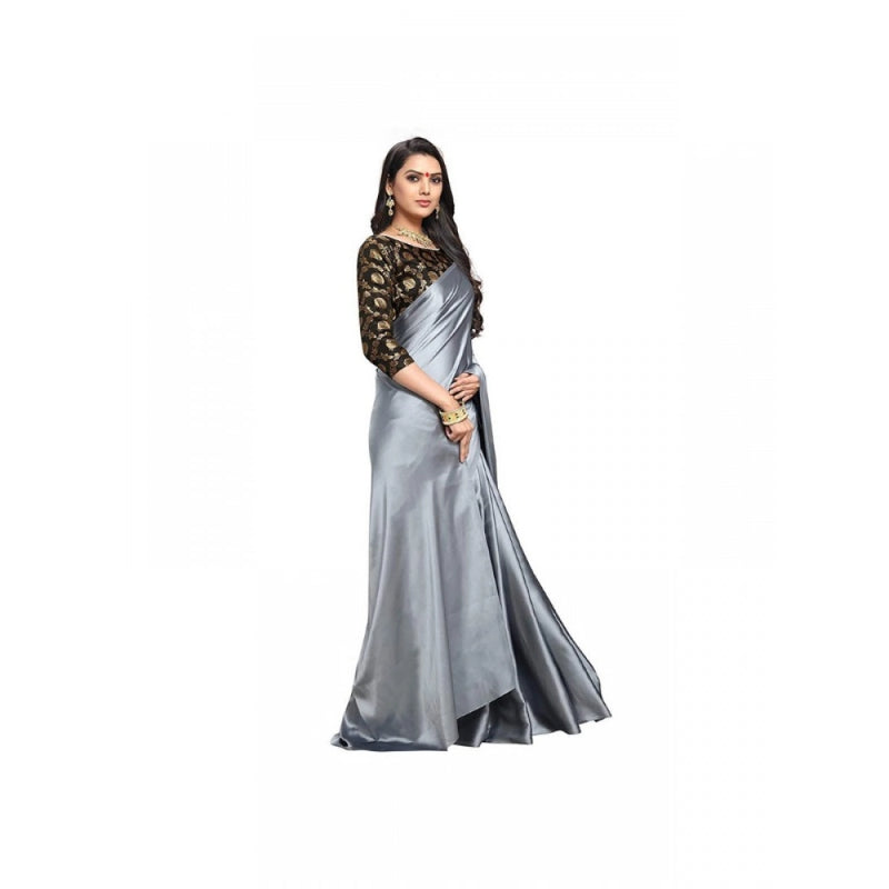 Mayawye Women's Satin Solid Saree With Unstitched Blouse 5.5Mtr (Grey)