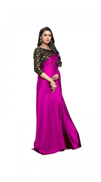 Mayawye Women's Satin Solid Saree With Unstitched Blouse 5.5Mtr (Magenta)